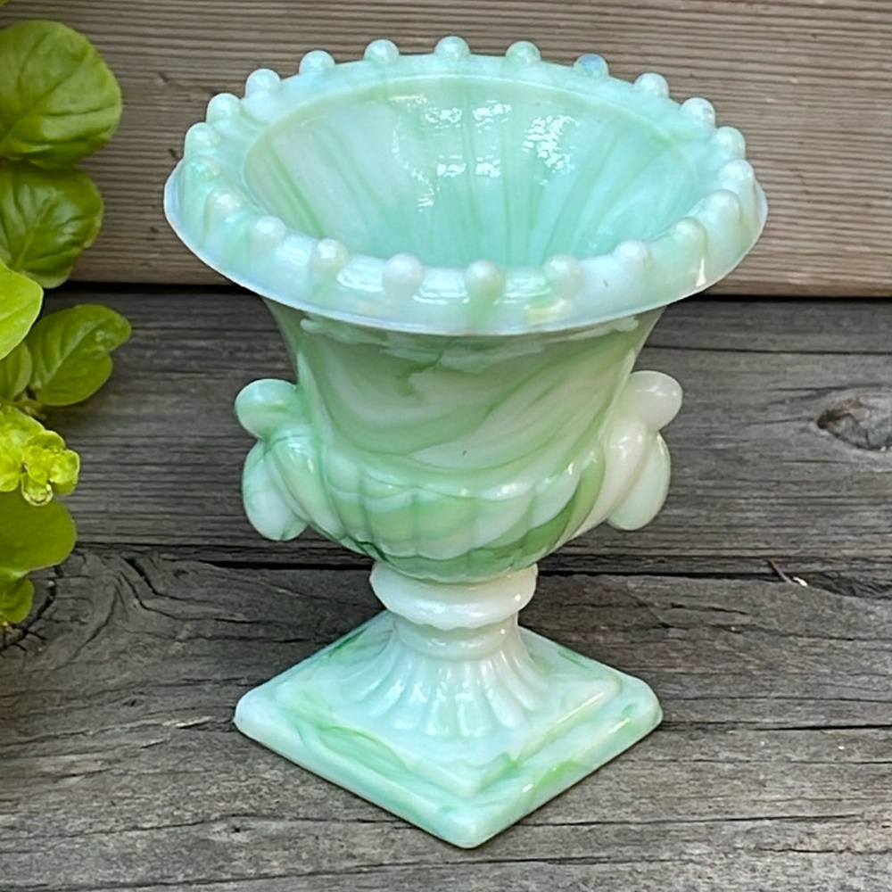 Small Vintage Akro Agate Urn Vase Green and White Swirls